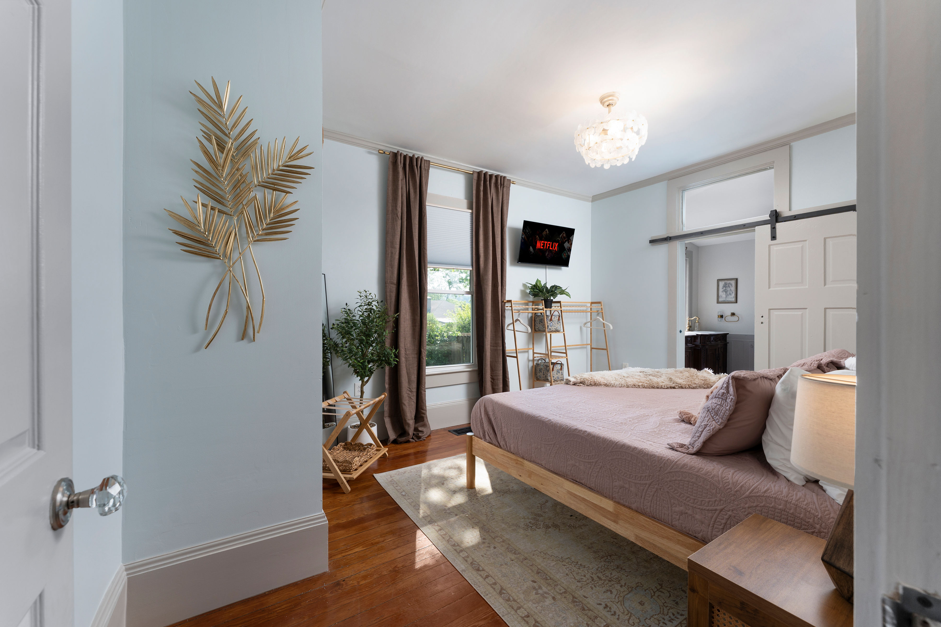 Bedroom with rose bedding